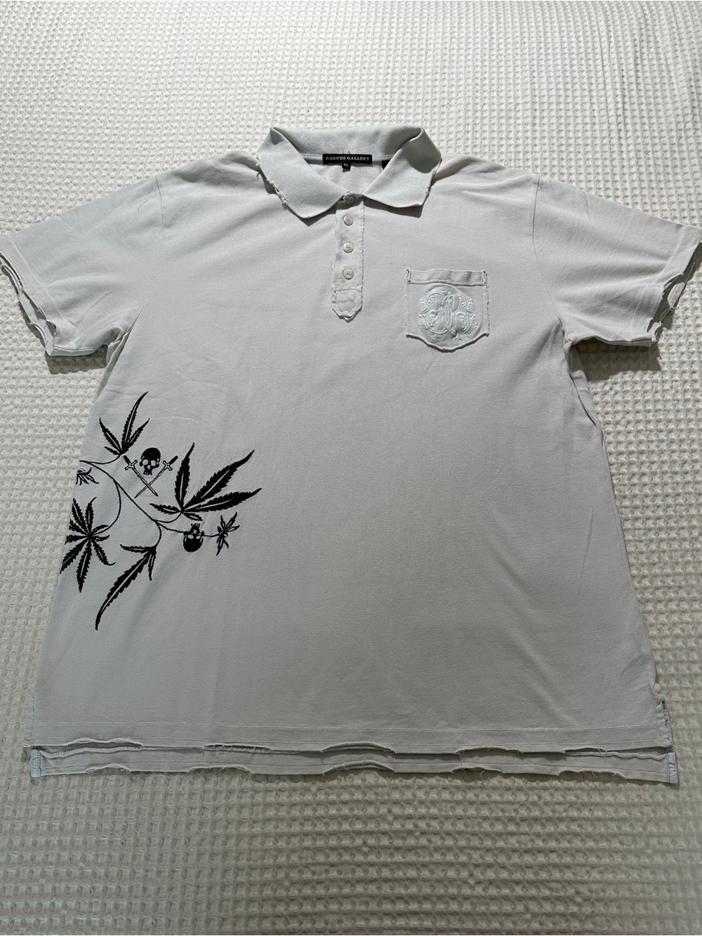 Rogues Gallery Polo Shirt Skull Herb Leaf Sword Stitching Distressed Men’s Sz XL